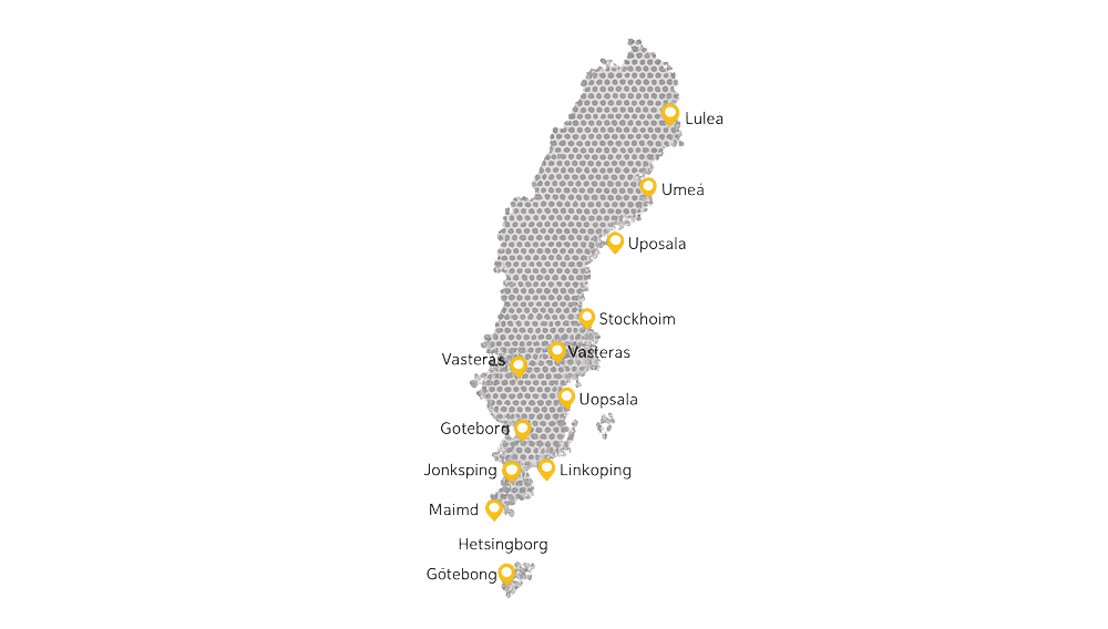 Karta över Sverige med markeringar för flera orter.